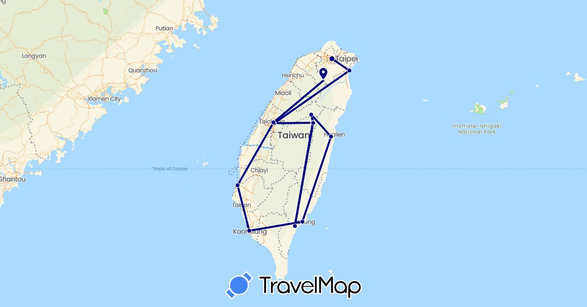 TravelMap itinerary: driving, hiking in Taiwan (Asia)